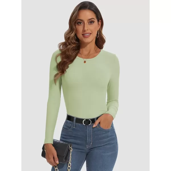 imageATHMILE Womens Long Sleeve Crewneck Ribbed Tops Fitted Stretch Casual Basic T Shirts 2024Mint Green