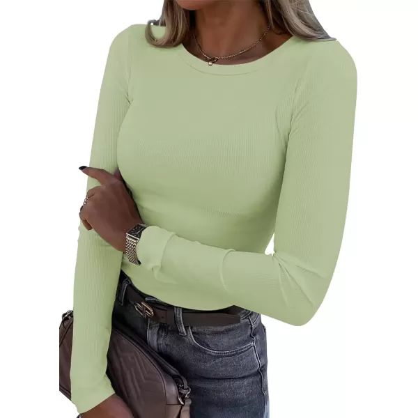 imageATHMILE Womens Long Sleeve Crewneck Ribbed Tops Fitted Stretch Casual Basic T Shirts 2024Mint Green