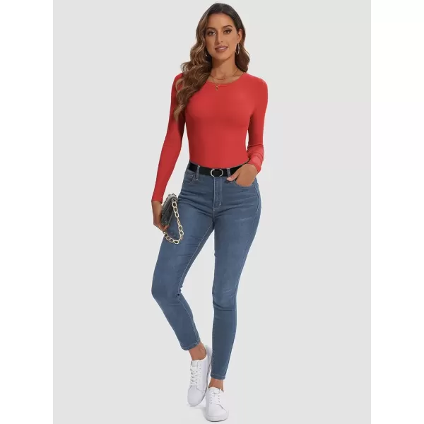 imageATHMILE Womens Long Sleeve Crewneck Ribbed Tops Fitted Stretch Casual Basic T Shirts 2024Red