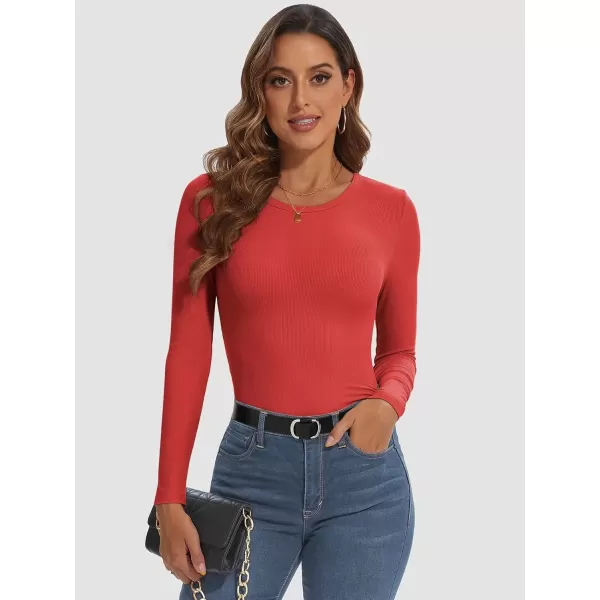 imageATHMILE Womens Long Sleeve Crewneck Ribbed Tops Fitted Stretch Casual Basic T Shirts 2024Red