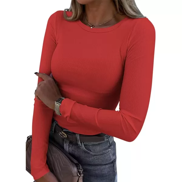 imageATHMILE Womens Long Sleeve Crewneck Ribbed Tops Fitted Stretch Casual Basic T Shirts 2024Red