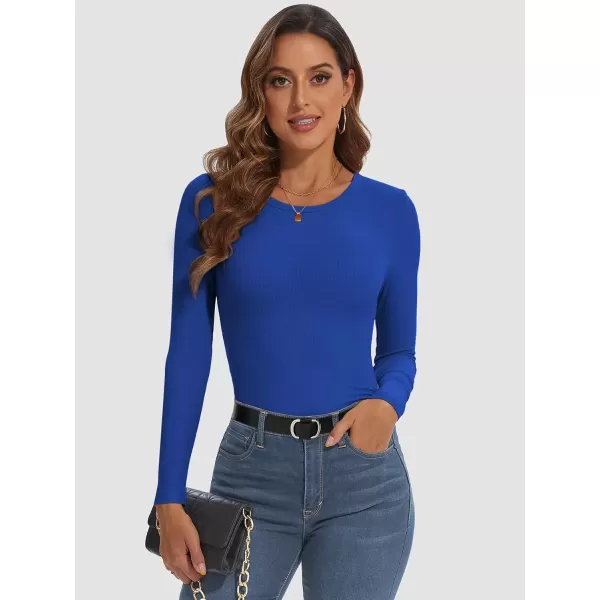 imageATHMILE Womens Long Sleeve Crewneck Ribbed Tops Fitted Stretch Casual Basic T Shirts 2024Royal Blue