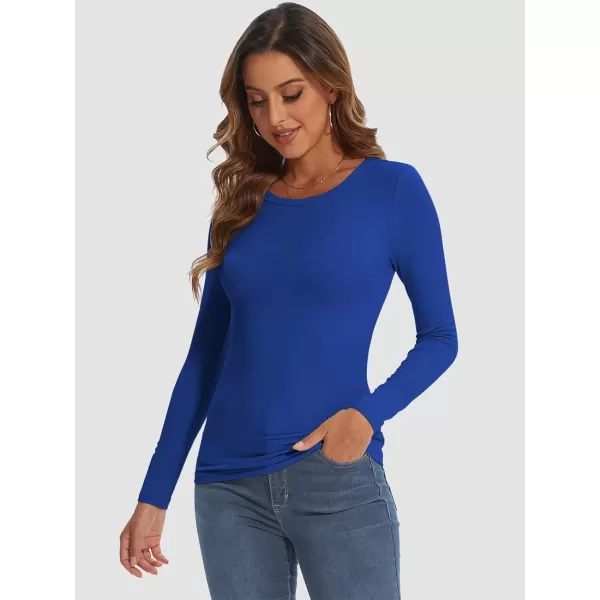 imageATHMILE Womens Long Sleeve Crewneck Ribbed Tops Fitted Stretch Casual Basic T Shirts 2024Royal Blue