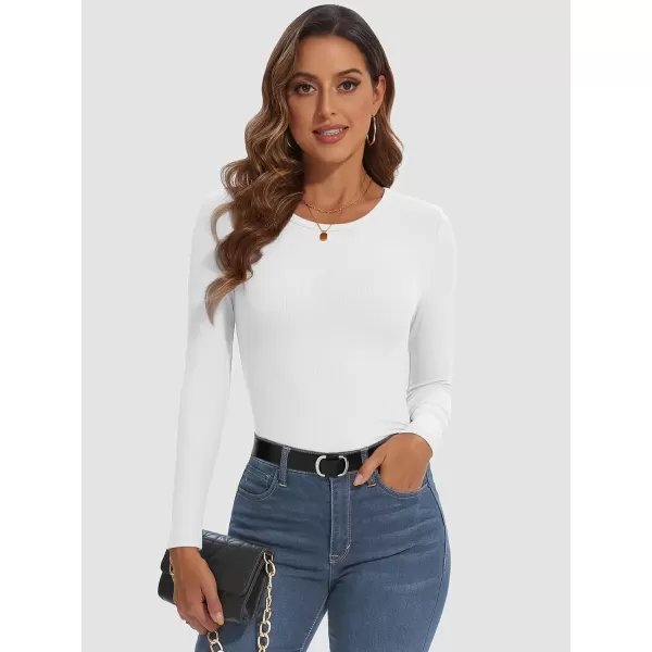 imageATHMILE Womens Long Sleeve Crewneck Ribbed Tops Fitted Stretch Casual Basic T Shirts 2024White