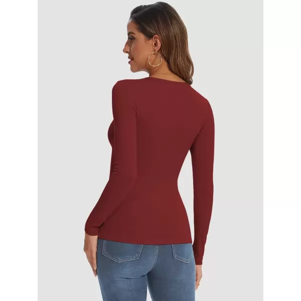 imageATHMILE Womens Long Sleeve Crewneck Ribbed Tops Fitted Stretch Casual Basic T Shirts 2024Wine Red