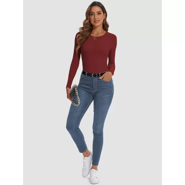 imageATHMILE Womens Long Sleeve Crewneck Ribbed Tops Fitted Stretch Casual Basic T Shirts 2024Wine Red