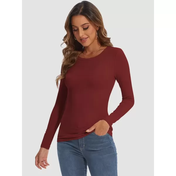 imageATHMILE Womens Long Sleeve Crewneck Ribbed Tops Fitted Stretch Casual Basic T Shirts 2024Wine Red