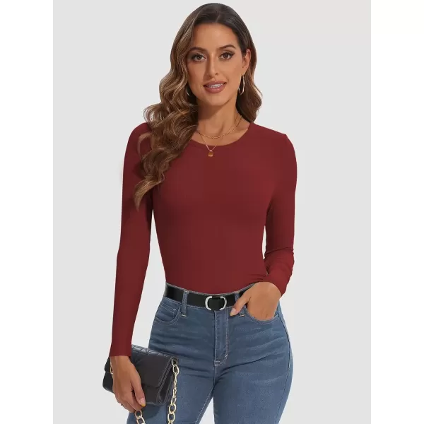 imageATHMILE Womens Long Sleeve Crewneck Ribbed Tops Fitted Stretch Casual Basic T Shirts 2024Wine Red