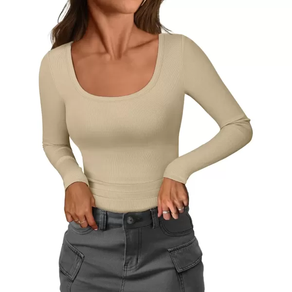 imageATHMILE Womens Long Sleeve Scoop Neck Ribbed Knit Fitted Casual Tops Tee Slim Basic ShirtsAbeige