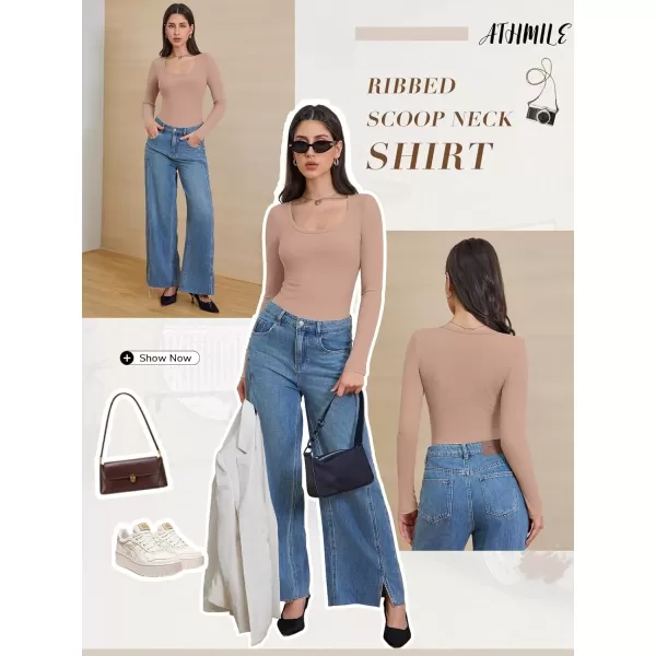 imageATHMILE Womens Long Sleeve Scoop Neck Ribbed Knit Fitted Casual Tops Tee Slim Basic ShirtsApink