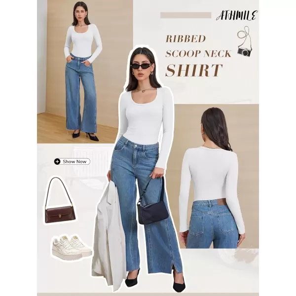 imageATHMILE Womens Long Sleeve Scoop Neck Ribbed Knit Fitted Casual Tops Tee Slim Basic ShirtsAwhite