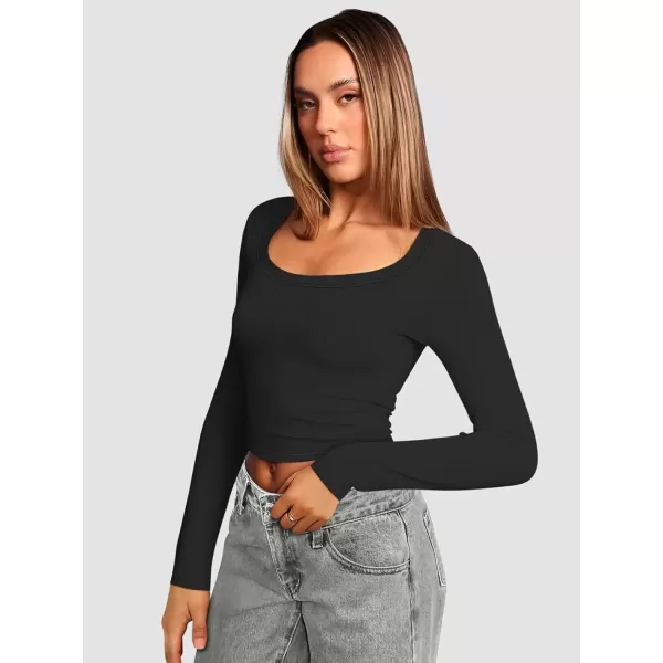 imageATHMILE Womens Long Sleeve Scoop Neck Ribbed Knit Fitted Casual Tops Tee Slim Basic ShirtsBblack