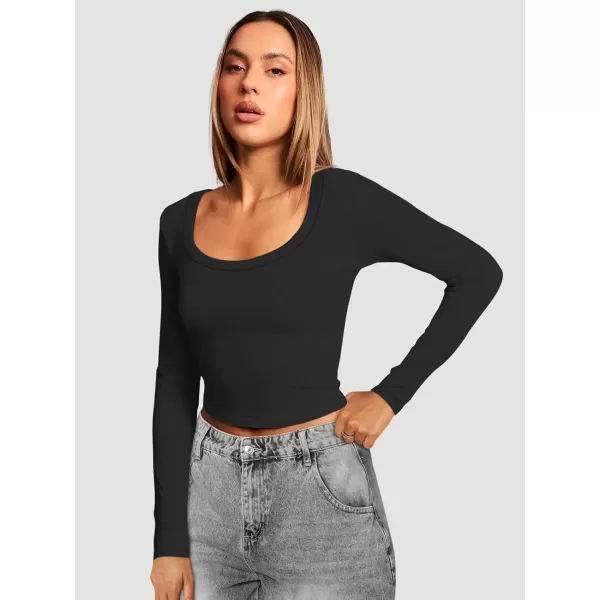 imageATHMILE Womens Long Sleeve Scoop Neck Ribbed Knit Fitted Casual Tops Tee Slim Basic ShirtsBblack