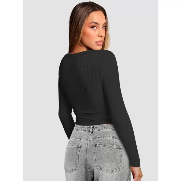 imageATHMILE Womens Long Sleeve Scoop Neck Ribbed Knit Fitted Casual Tops Tee Slim Basic ShirtsBblack