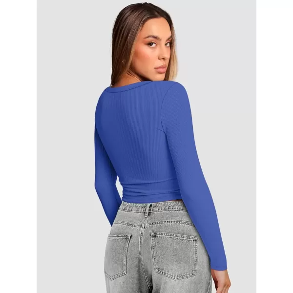 imageATHMILE Womens Long Sleeve Scoop Neck Ribbed Knit Fitted Casual Tops Tee Slim Basic ShirtsBblue