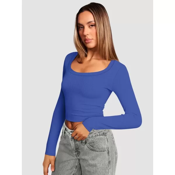 imageATHMILE Womens Long Sleeve Scoop Neck Ribbed Knit Fitted Casual Tops Tee Slim Basic ShirtsBblue