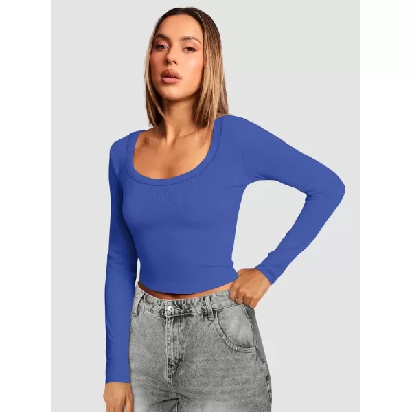 imageATHMILE Womens Long Sleeve Scoop Neck Ribbed Knit Fitted Casual Tops Tee Slim Basic ShirtsBblue