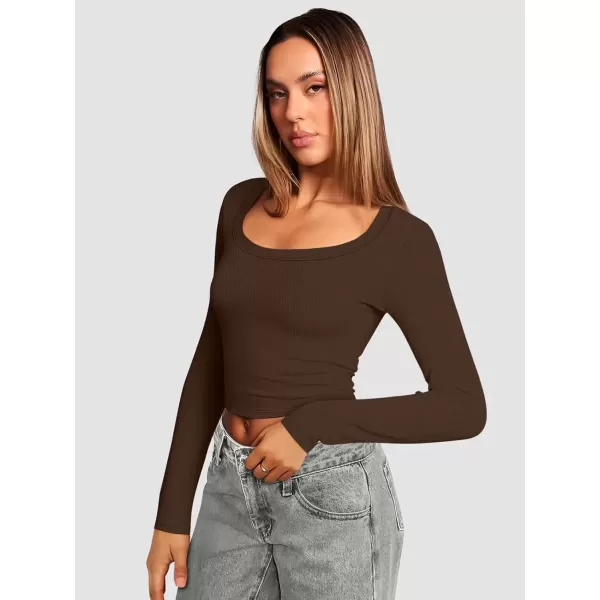 imageATHMILE Womens Long Sleeve Scoop Neck Ribbed Knit Fitted Casual Tops Tee Slim Basic ShirtsBchocolate Brown