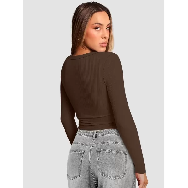 imageATHMILE Womens Long Sleeve Scoop Neck Ribbed Knit Fitted Casual Tops Tee Slim Basic ShirtsBchocolate Brown