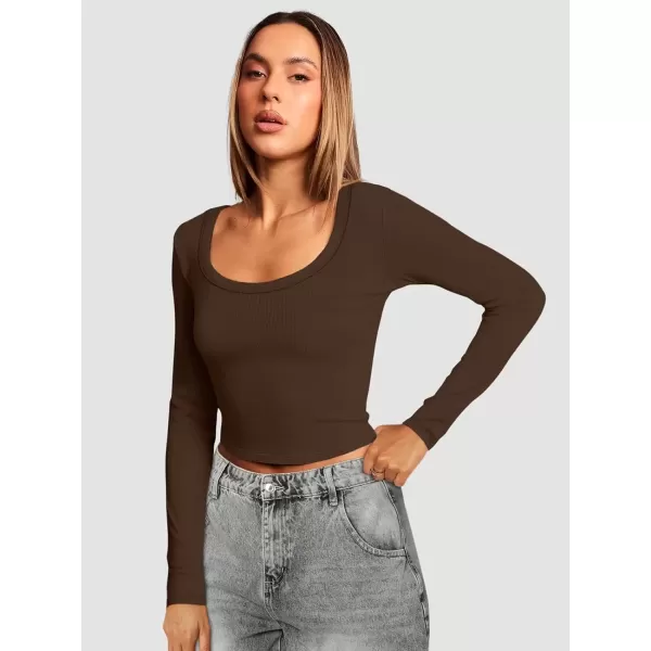 imageATHMILE Womens Long Sleeve Scoop Neck Ribbed Knit Fitted Casual Tops Tee Slim Basic ShirtsBchocolate Brown