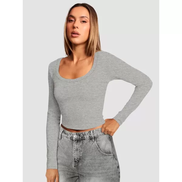 imageATHMILE Womens Long Sleeve Scoop Neck Ribbed Knit Fitted Casual Tops Tee Slim Basic ShirtsBgrey