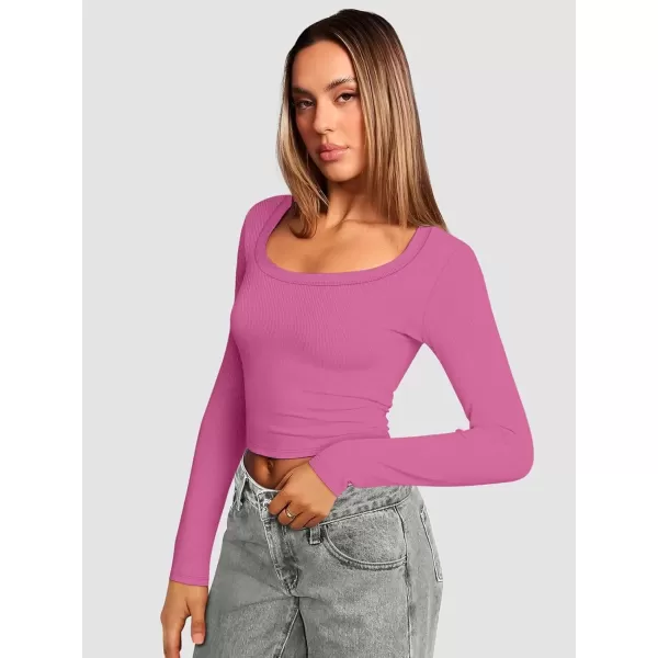imageATHMILE Womens Long Sleeve Scoop Neck Ribbed Knit Fitted Casual Tops Tee Slim Basic ShirtsBhot Pink