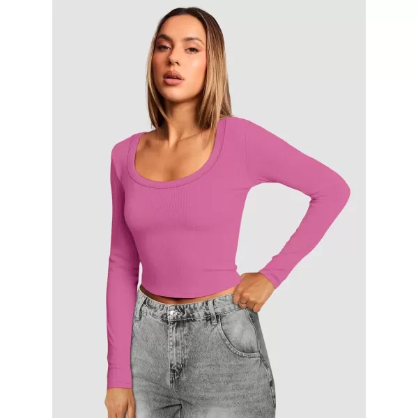 imageATHMILE Womens Long Sleeve Scoop Neck Ribbed Knit Fitted Casual Tops Tee Slim Basic ShirtsBhot Pink
