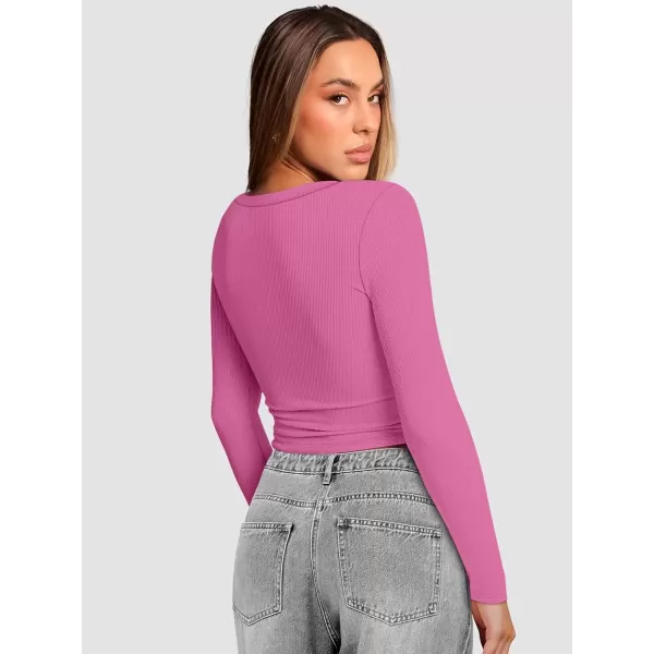 imageATHMILE Womens Long Sleeve Scoop Neck Ribbed Knit Fitted Casual Tops Tee Slim Basic ShirtsBhot Pink