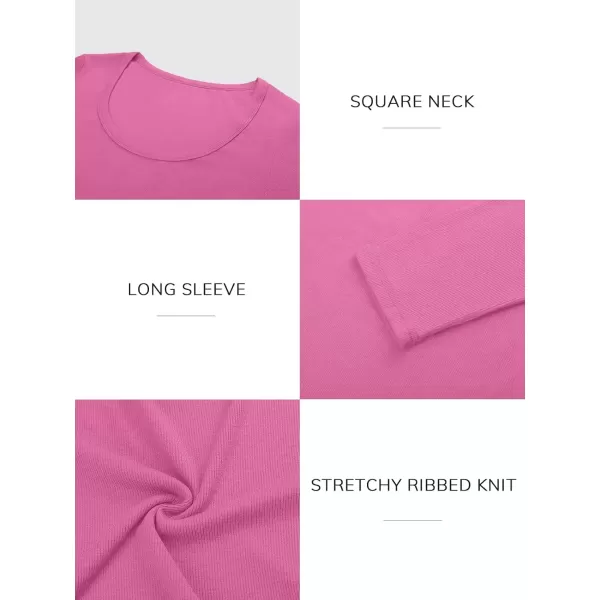 imageATHMILE Womens Long Sleeve Scoop Neck Ribbed Knit Fitted Casual Tops Tee Slim Basic ShirtsBhot Pink