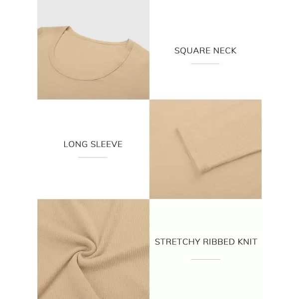 imageATHMILE Womens Long Sleeve Scoop Neck Ribbed Knit Fitted Casual Tops Tee Slim Basic ShirtsBlight Beige