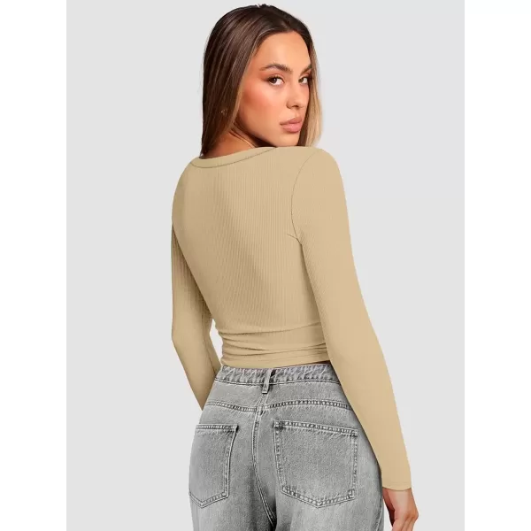 imageATHMILE Womens Long Sleeve Scoop Neck Ribbed Knit Fitted Casual Tops Tee Slim Basic ShirtsBlight Beige