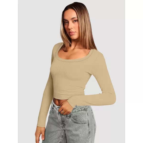imageATHMILE Womens Long Sleeve Scoop Neck Ribbed Knit Fitted Casual Tops Tee Slim Basic ShirtsBlight Beige