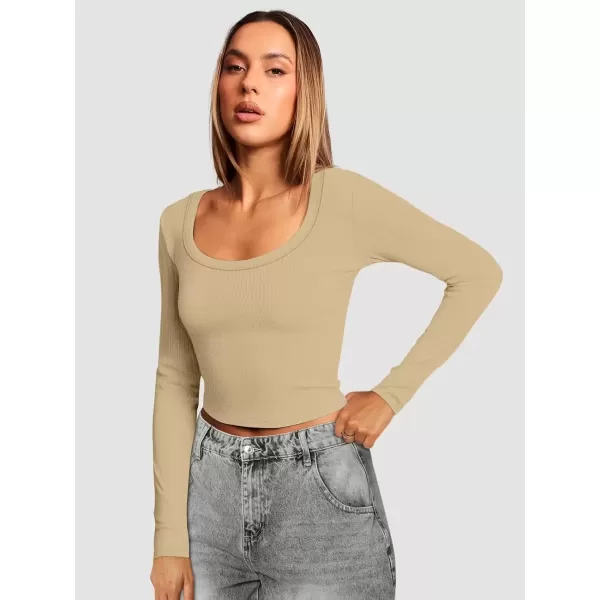 imageATHMILE Womens Long Sleeve Scoop Neck Ribbed Knit Fitted Casual Tops Tee Slim Basic ShirtsBlight Beige