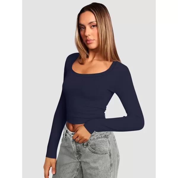 imageATHMILE Womens Long Sleeve Scoop Neck Ribbed Knit Fitted Casual Tops Tee Slim Basic ShirtsBnavy Blue