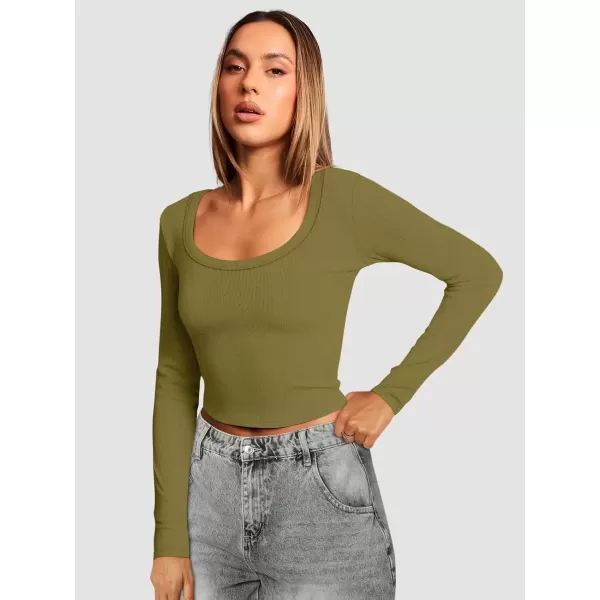 imageATHMILE Womens Long Sleeve Scoop Neck Ribbed Knit Fitted Casual Tops Tee Slim Basic ShirtsBolive Green