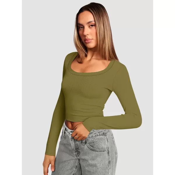 imageATHMILE Womens Long Sleeve Scoop Neck Ribbed Knit Fitted Casual Tops Tee Slim Basic ShirtsBolive Green