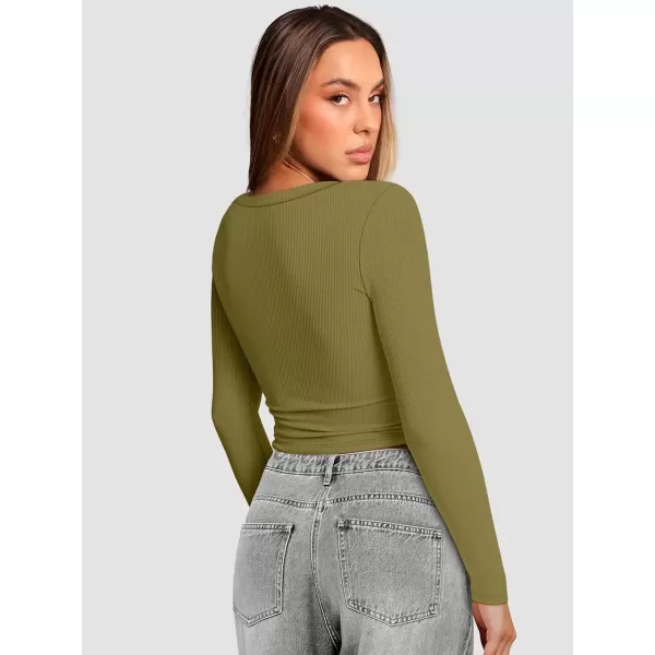 imageATHMILE Womens Long Sleeve Scoop Neck Ribbed Knit Fitted Casual Tops Tee Slim Basic ShirtsBolive Green