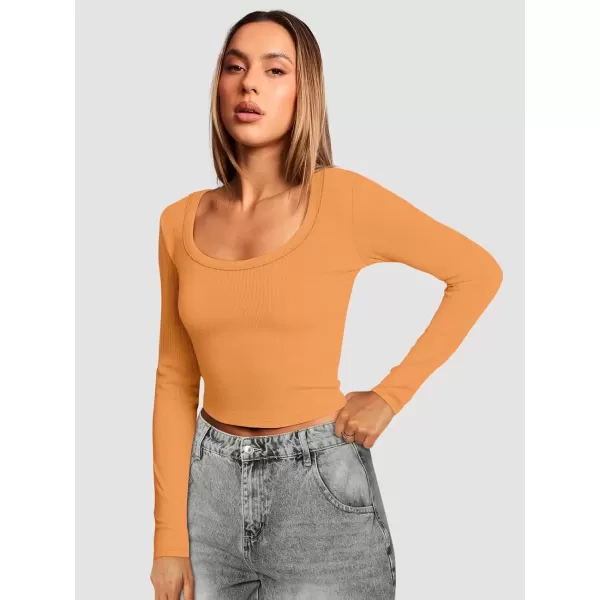 imageATHMILE Womens Long Sleeve Scoop Neck Ribbed Knit Fitted Casual Tops Tee Slim Basic ShirtsBorange
