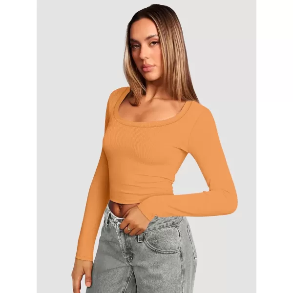 imageATHMILE Womens Long Sleeve Scoop Neck Ribbed Knit Fitted Casual Tops Tee Slim Basic ShirtsBorange