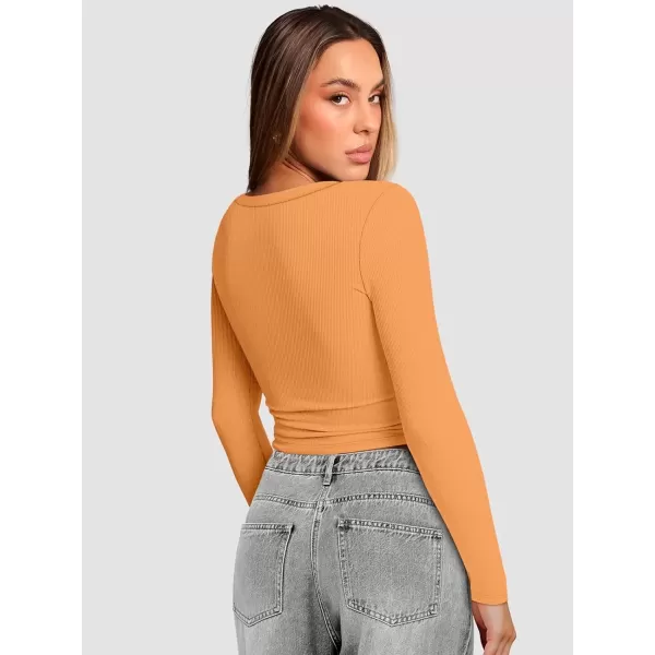 imageATHMILE Womens Long Sleeve Scoop Neck Ribbed Knit Fitted Casual Tops Tee Slim Basic ShirtsBorange