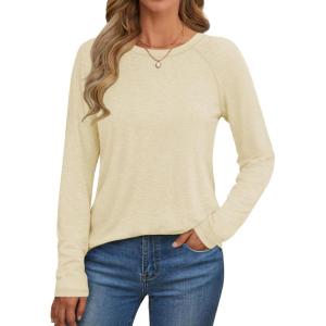imageATHMILE Long Sleeve Shirts for Women Fall Outfit 2025 Fashion Casual T Shirt Round Neck Basic Loose Tunic TopsCream