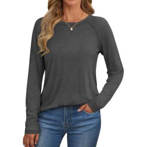 imageATHMILE Long Sleeve Shirts for Women Fall Outfit 2025 Fashion Casual T Shirt Round Neck Basic Loose Tunic TopsDark Grey