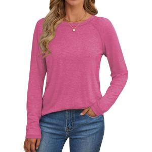 imageATHMILE Long Sleeve Shirts for Women Fall Outfit 2025 Fashion Casual T Shirt Round Neck Basic Loose Tunic TopsHot Pink
