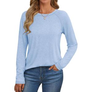 imageATHMILE Long Sleeve Shirts for Women Fall Outfit 2025 Fashion Casual T Shirt Round Neck Basic Loose Tunic TopsIce Blue