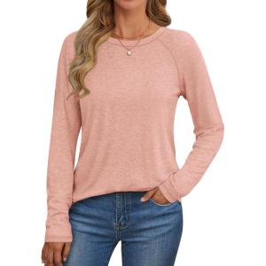 imageATHMILE Long Sleeve Shirts for Women Fall Outfit 2025 Fashion Casual T Shirt Round Neck Basic Loose Tunic TopsPink