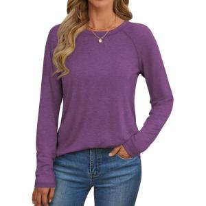imageATHMILE Long Sleeve Shirts for Women Fall Outfit 2025 Fashion Casual T Shirt Round Neck Basic Loose Tunic TopsPurple