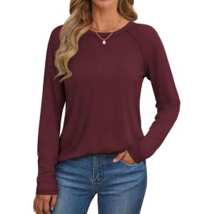 imageATHMILE Long Sleeve Shirts for Women Fall Outfit 2025 Fashion Casual T Shirt Round Neck Basic Loose Tunic TopsWine Red