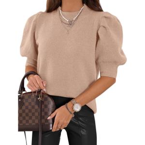 imageATHMILE Womens Puff Short Sleeve Sweater Tops 2025 Spring Summer Trendy Crew Neck Casual T Shirts BlousesBeige