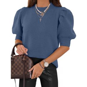 imageATHMILE Womens Puff Short Sleeve Sweater Tops 2025 Spring Summer Trendy Crew Neck Casual T Shirts BlousesBlue
