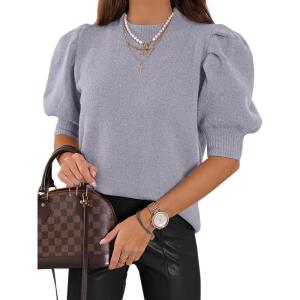 imageATHMILE Womens Puff Short Sleeve Sweater Tops 2025 Spring Summer Trendy Crew Neck Casual T Shirts BlousesGray Blue